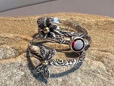 Bali Stacker Set 925 Sterling Silver 18K Gold Garnet Butterfly Flower S 7.75 • £91.60