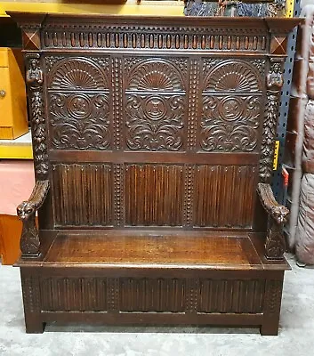 Large Highly Carved Antique Oak Bench Settle      Delivery Available • £695