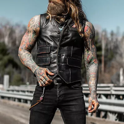 Men's Vintage Motorcycle Distressed Black Genuine Lambskin Leather Biker Vest • $69.99