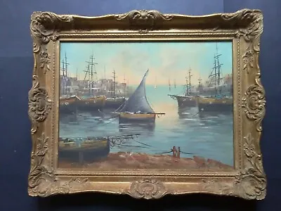 Early 20th Century Maritime Oil Painting Boats Sea Harbour Fishing Signed • £272.14