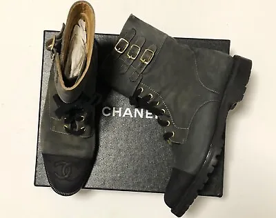 Chanel Boots Suede Lace-up Vintage US8.5 UK6 39 Insole 26cm Grey Black • £349