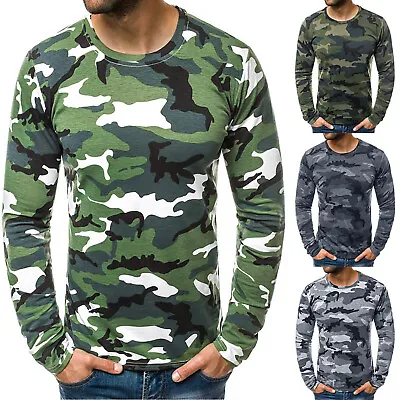 Mens Sports Undershirts Gym Workout Camouflage Tops Slim Fit Long Sleeve T-Shirt • $6.79