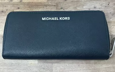 Michael Kors Women's Black Pebbled Leather Zip Around Gold Logo Wallet • $24.99