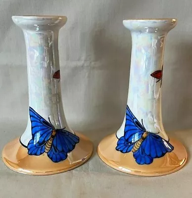Pair Of Noritake Deco Candlesticks Red & Blue Butterflies Tan Iridescent Luster • $38.95