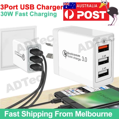 $14.18 • Buy 30W Qualcomm 3Port QC3.0 Fast Charging USB Wall Charger Adapter For IPhone AU