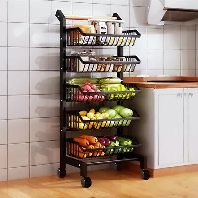 5-Tier Kitchen Trolley Cart Fruit Vegetable Basket Rack Mobile Storage Organizer • £31.94