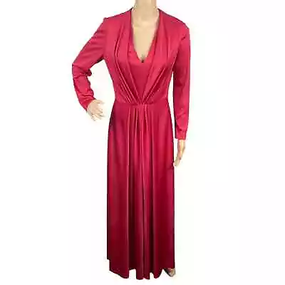 Vtg 70s Miss Rubette Cherry Red Pleated Maxi Gown Dress Women's XS/S • $48