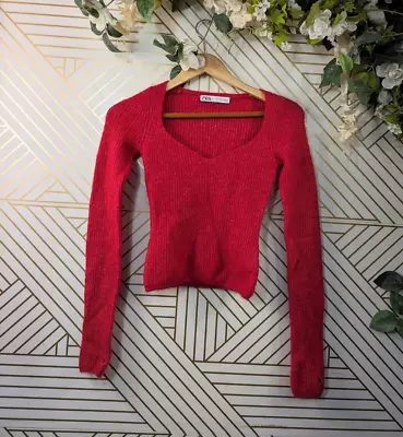 ZARA Women's Red Knit Sweater Long Sleeve Sweetheart Neck Nylon Size XS READ • $14.99