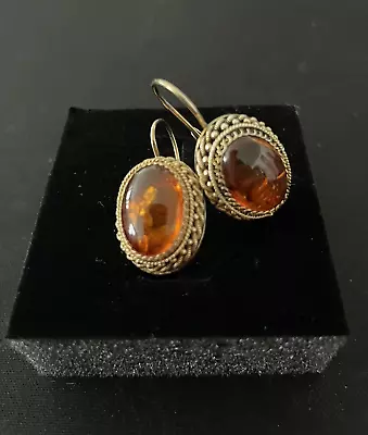 Vintage Chinese Export Vermeil Silver/Gold PIERCED AMBER EARRINGS ! • $48.99