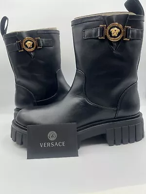 VERSACE Women's Boots Black Leather Biker Boots Medusa Head 39.5 EU/8.5-9 $1300 • $750