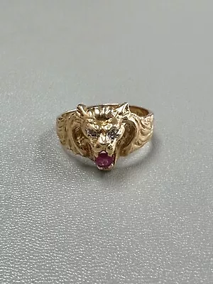 Vintage 14K Yellow Gold Ruby And Diamond Lion Head Ring • $575