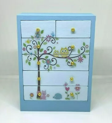 1:12th Dolls House Modern Children's Nursery Blue Chest Of Drawers With Owls • £14.99