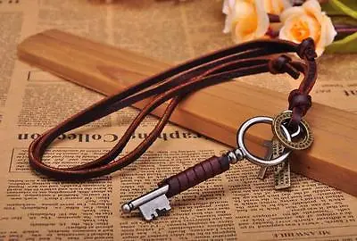 N221 Brown Surfer Vintage Key Pendant Leather Cord Long Necklace Men's NEW • $7.25