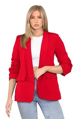 Womens Ruched Sleeve Fully Lined Blazer Plain Collared Office Formal Jacket Top • £24.02