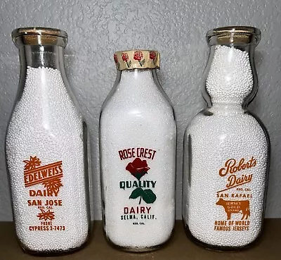 EDELWEISS  ROSE CREST  ROBERTS Dairy Quart Milk BottleS (Square )CA CAL AS IS • $89