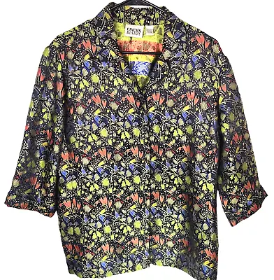 Chicos Asian Inspired Print Button Front Blouse Gold Colorful Metallic 2 • $14.99