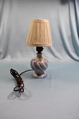 VTG 1950’s MINI LAMP - 11  Tall - Blue Swirl Lamp W/ Pink Flowers & Gold Accents • $20