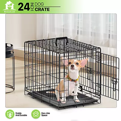 Folding Dog Crate Kennel Metal Pet Crate Cage Double Door Black W/Slide-out Tray • $39.99