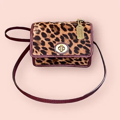 COACH Ocelot Leopard Haircalf Mini Penny Aubergine Crossbody Swing Bag Flaws • $75