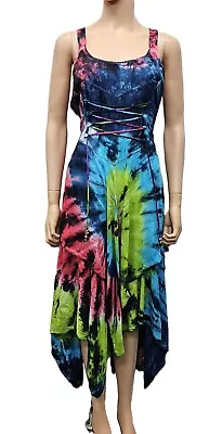 Tie Dye Dress Soft Viscose Bohemian Corset Festival Pixie Hem One Size 18 20 22 • £29.99