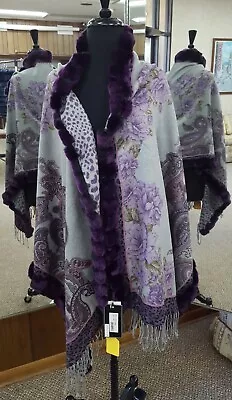 Cashmere Blend Shawl Wrap Floral And Paisley Pattern With Rex Rabbit Fur • $595