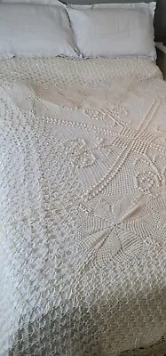 £50 • Buy Vintage French Cream Crochet  Blanket Bed Throw Bedspread Tablecloth 140  X 135 