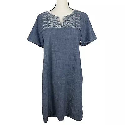 J Crew Women's Embroidered Shift Dress Size Medium Blue Chambray Short Sleeve • $21.24