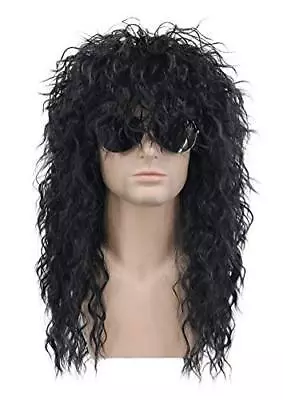 70s 80s Rocker Metal Mullet Wig Mens Long Curly Black Party Wig Halloween Cos... • $31.36