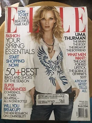 2005 FEBRUARY ELLE MAGAZINE - UMA THURMAN COVER Bags Shoes Fashion Fragrances • $7.50