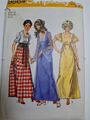 Dress Maxi Low Neck 12 Simplicity 9864 Sewing Pattern Cut VTG Square Bell Sleeve • $14.99