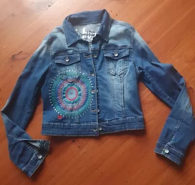 ☆DESIGUAL☆ Designer Denim Jacket -Size AU8 / EU38- Embroidery Rhinestone Message • $75