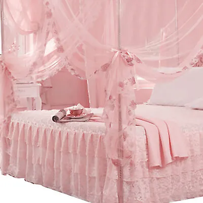 (Pink M)Luxury Princess 3 Side Openings Post Bed Curtain Canopy Netting MA • £32.15