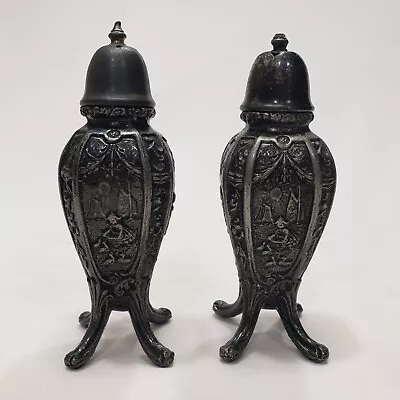 Antique WB Mfg Co Salt And Pepper Shakers Cast Pewter Metal Dutch Scene 2313 • $19.95