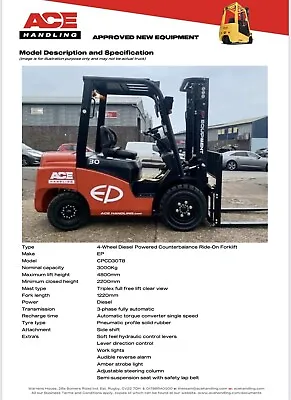 New EP CPCD30T8 Container Spec Forklift Buy-£18995 HP-£94.86 Hire-£99.99 AH1920 • £18995