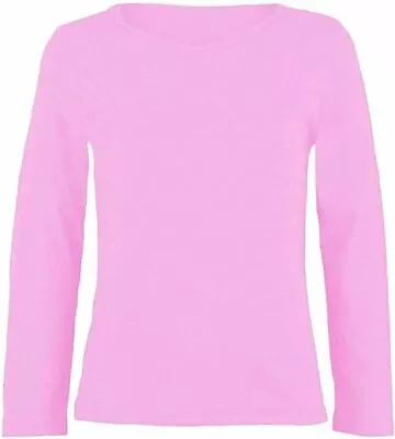 Boys Girls Kids Plain Long Sleeve Round Neck T-Shirt Children Stretch Scoop Top • £5.49