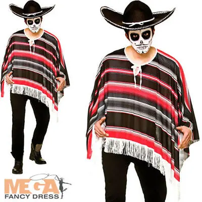 Day Of The Dead Poncho Mens Fancy Dress Halloween Adults Mexican Costume Top New • £15.99