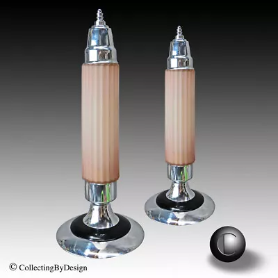 PAIR VTG Skyscraper Deco Chrome & Coral Boudoir Lamps C.1935 RESTORED • $511.50