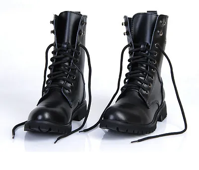 Men Motorcycle Mid Calf Boots Black Pu Leather Military Biker Punk Shoes Lace Up • $46.47