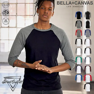 Mens Triblend 3/4 Long Sleeve Baseball T-Shirt Causal Raglan Top Bella Canvas • £8.96