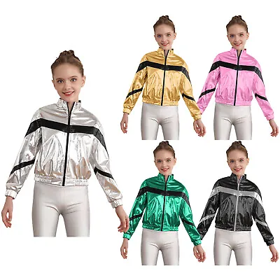 Kids Girls Boys Shinny Metallic Bomber Jacket Coat Modern Hip Hop Dance Costume • £5.36