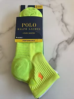 New Mens Ralph Lauren Polo Designer Stitched Logo 3 Pack Quarter Cut Socks Neon • $24.99