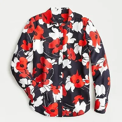 J Crew Classic Silk Navy White Red Floral Poppy Button-up Boy Shirt SZ 00 $148 • $69