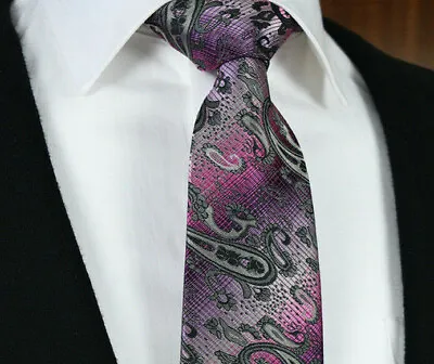 Mens Grey Luxury Pink Grey Silver Paisley Design 8.5cm Tie NEW Silk Pr10 UK Gift • £6.05