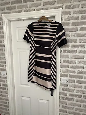 £16 • Buy GORGEOUS COAST Beige And Black Striped PRINT DRESS SIZE 12 Bnwot
