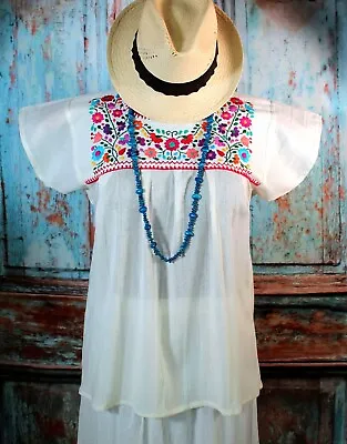 Sm Sz Peasant Blouse Hand Embroidered Multi Color Flowers Puebla Mexican Hippie • $32
