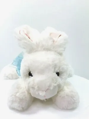 Small 8  White Easter Bunny Rabbit Plush Pink Silk Ears Blue Ribbon Laying Down  • $12.65