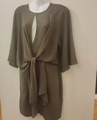 £10 • Buy Topshop Olive Khaki Green Dress, Size 13, Kimono Sleeves, Tie Front, VGC.