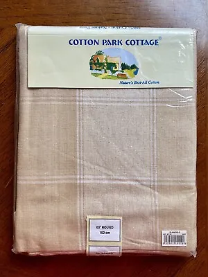 Cotton Park Cottage Tablecloth ~Plaid Stripe~ 60  Round Tan Beige White **NEW** • $12.99