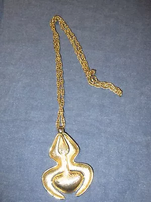 Vintage CORO Necklace - Gold Tone TEXTURED ABSTRACT Large Pendant - 24 Inches • $17