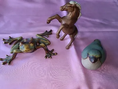 3 Ceramic Figurines: Vintage Majolica Frog Unmarked Rearing Horse. Pottery Bird. • $29